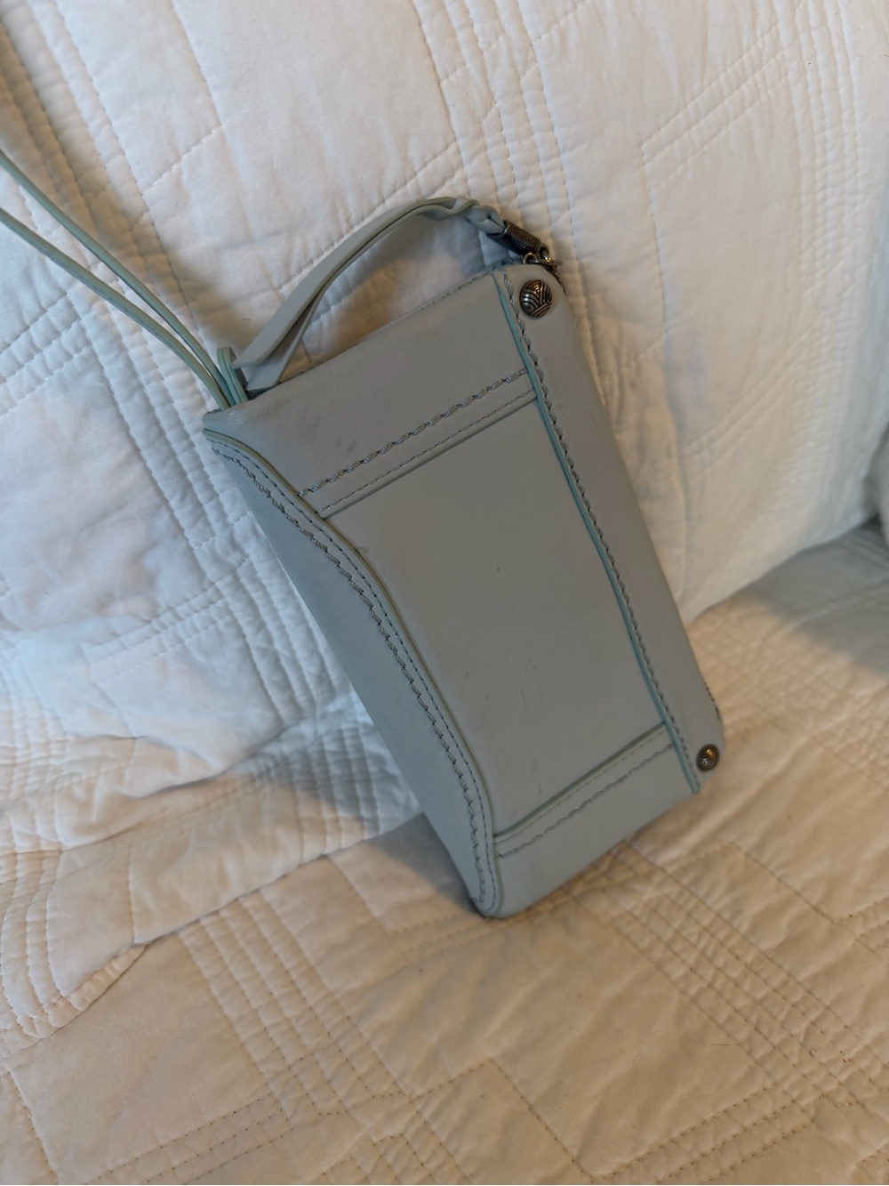 The Sak Iris Topstitch baby blue leather (hide/seek wriststrap) wallet 7.5x4.25